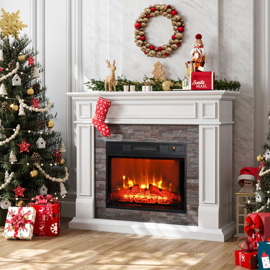 LGHM 44" Electric Fireplace with Mantel, Tall Fireplace Heater Freestanding, Realistic Stacked Stone Surround with Remote Control Timer LED Flame for Living Room,Bedroom…