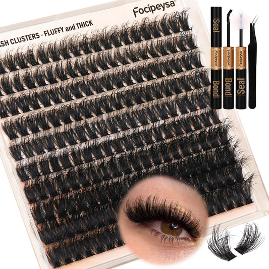 Focipeysa Fluffy Lash Extension Kit 200Pcs Lash Clusters Kit with Lash Bond and Seal and Lash Tweezers Lash Clusters DIY Eyelash Extensions Kit at Home (150D 10-18mm D Curl), Black
