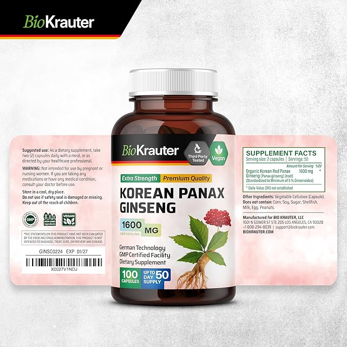 BIO KRAUTER Korean Red Ginseng Capsules - 1600 mg Strength - 100 Count - Korean Panax Ginseng Supplement - Vegan Immune Supplement