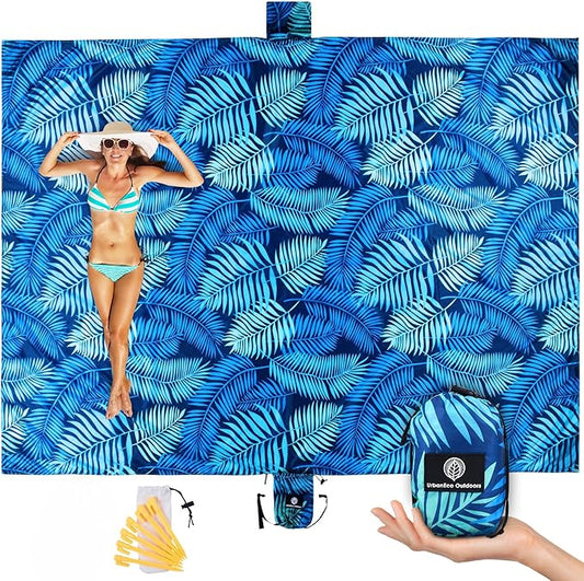 Lightweight Beach Blanket - Oversized 107" x 77" - Waterproof Sandproof - Double Anchored for Fun Leisure Beach Blanket - with Stake and Pouch - Durable Sand Beach Mat