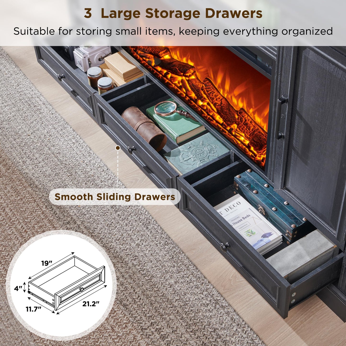 ACCOHOHO Fireplace TV Stand for 80 Inch TV, 35.7" Tall Farmhouse Entertainment Center W/36'' Electric Fireplace, Media Console with Large Storage Cabinets and Drawers for Living Room, Black