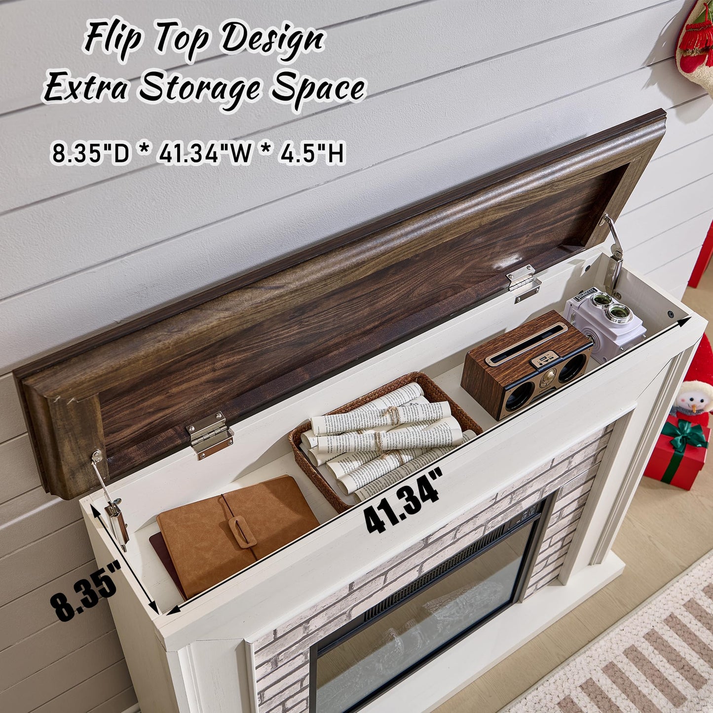 Aitjunz 45" Flip Top Electric Fireplace with Mantel, Electric Fireplace Heater, TV Stand with Freestanding Electric Fireplaces, Remote Control, Adjustable Flame Level for Living Room (White)