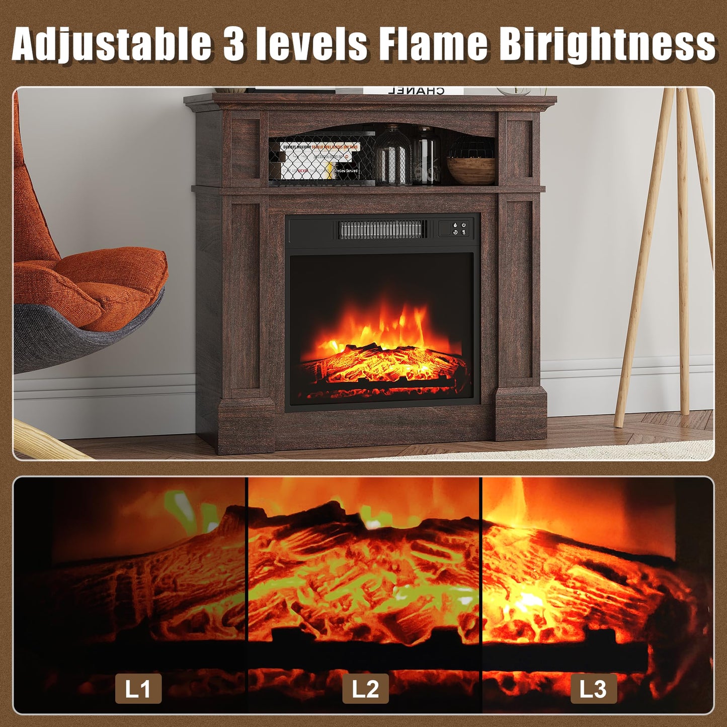 TRONLEE 32" Small Fireplace Mantel with Central Cabinet, Includes 18" Freestanding 1400W Electric Fireplace, Remote Control, Compact Design for Living Room, Study, Bedroom (Walnut)