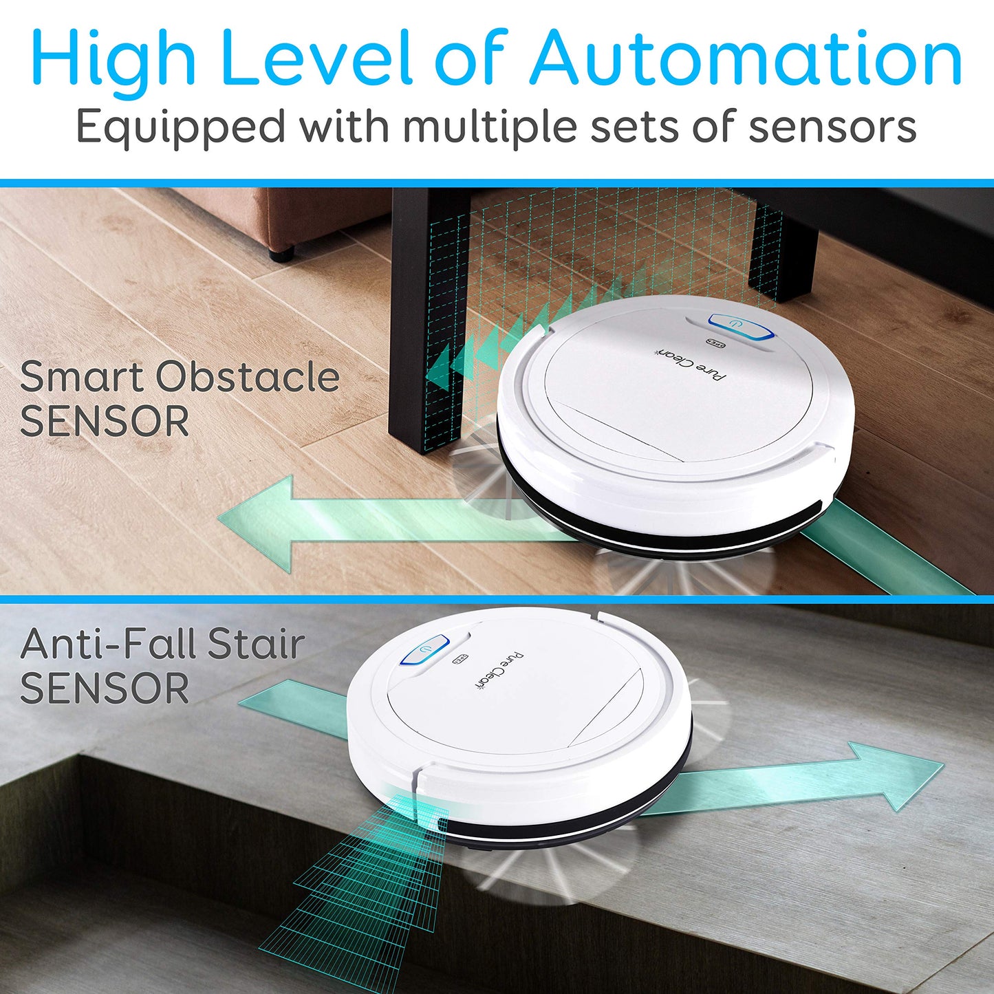 Pure Clean Robot Vacuum Cleaner - Upgraded Lithium Battery 90 Min Run Time - Automatic Bot Self Detects Stairs Pet Hair Allergies Friendly Robotic Home Cleaning for Carpet Hardwood Floor