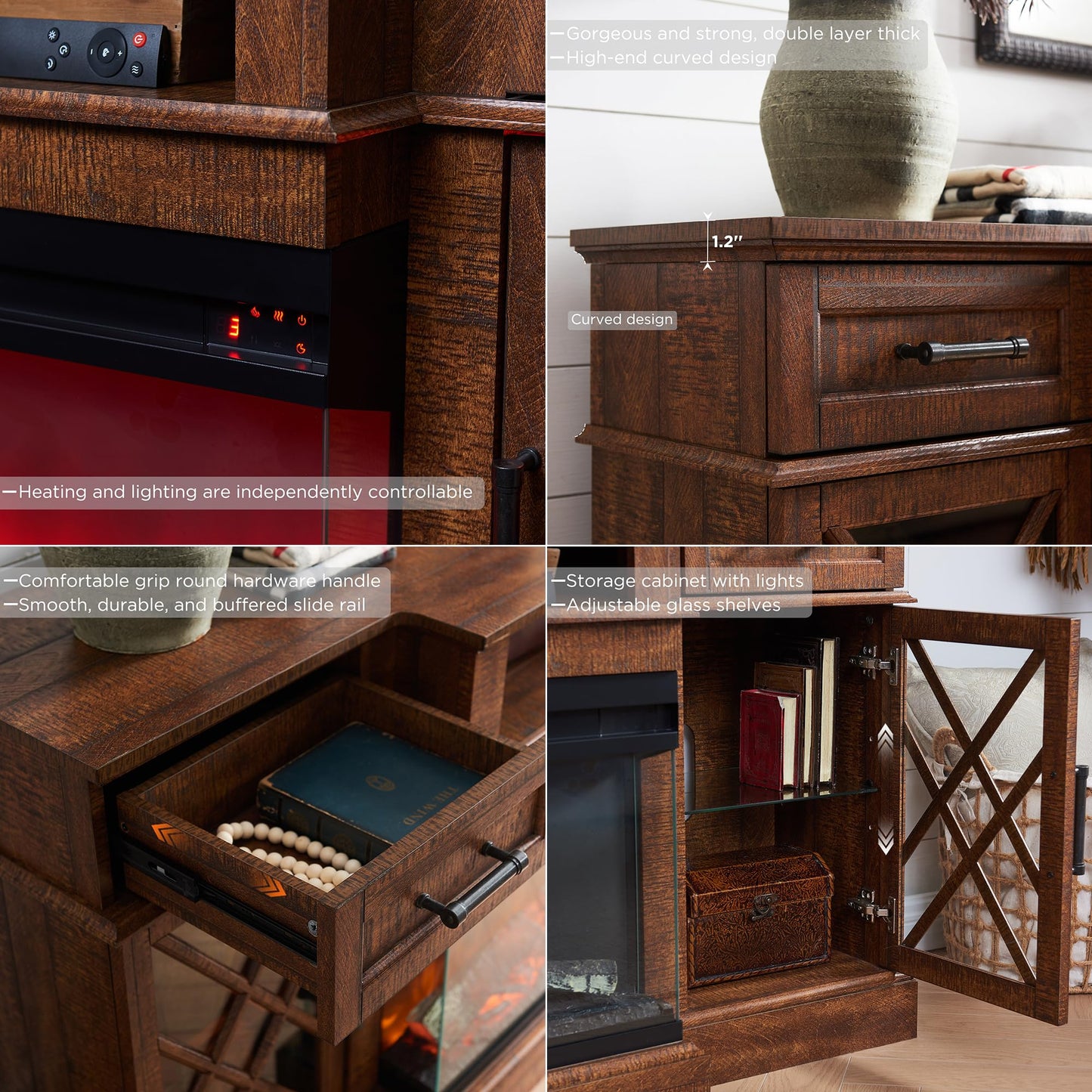 OKD 3-Sided Glass Farmhouse Fireplace TV Stand for TVs up to 80'', Highboy Entertainment Center with Glass Door Storage Cabinet, 70'' Large TV Stands with 36'' Electric Fireplace, Reclaimed Barnwood