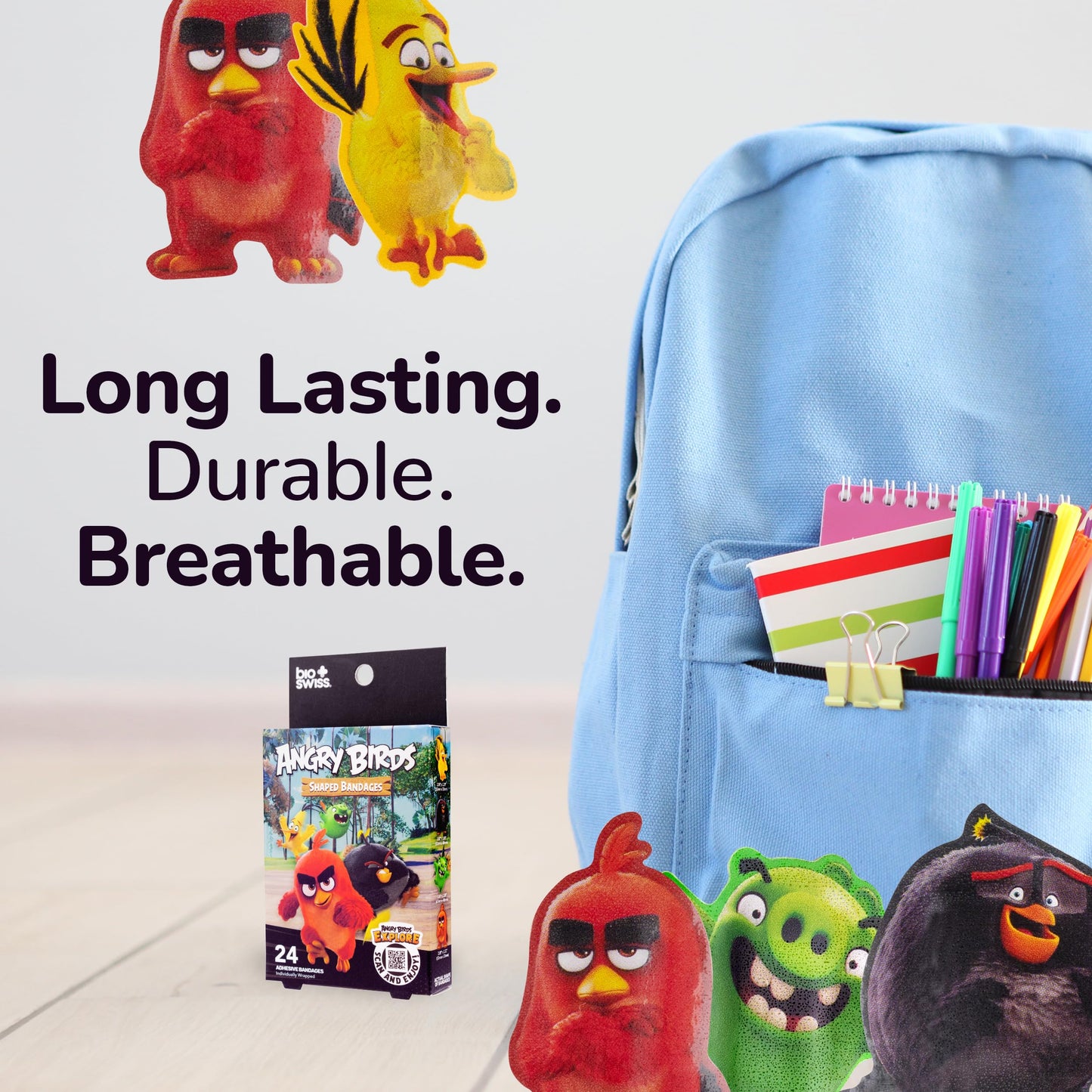 BioSwiss Bandages, Angry Birds Movie Shaped Self Adhesive Bandage, Latex Free Sterile Wound Care, Fun First Aid Kit Supplies for Kids and Adults, 24 Count