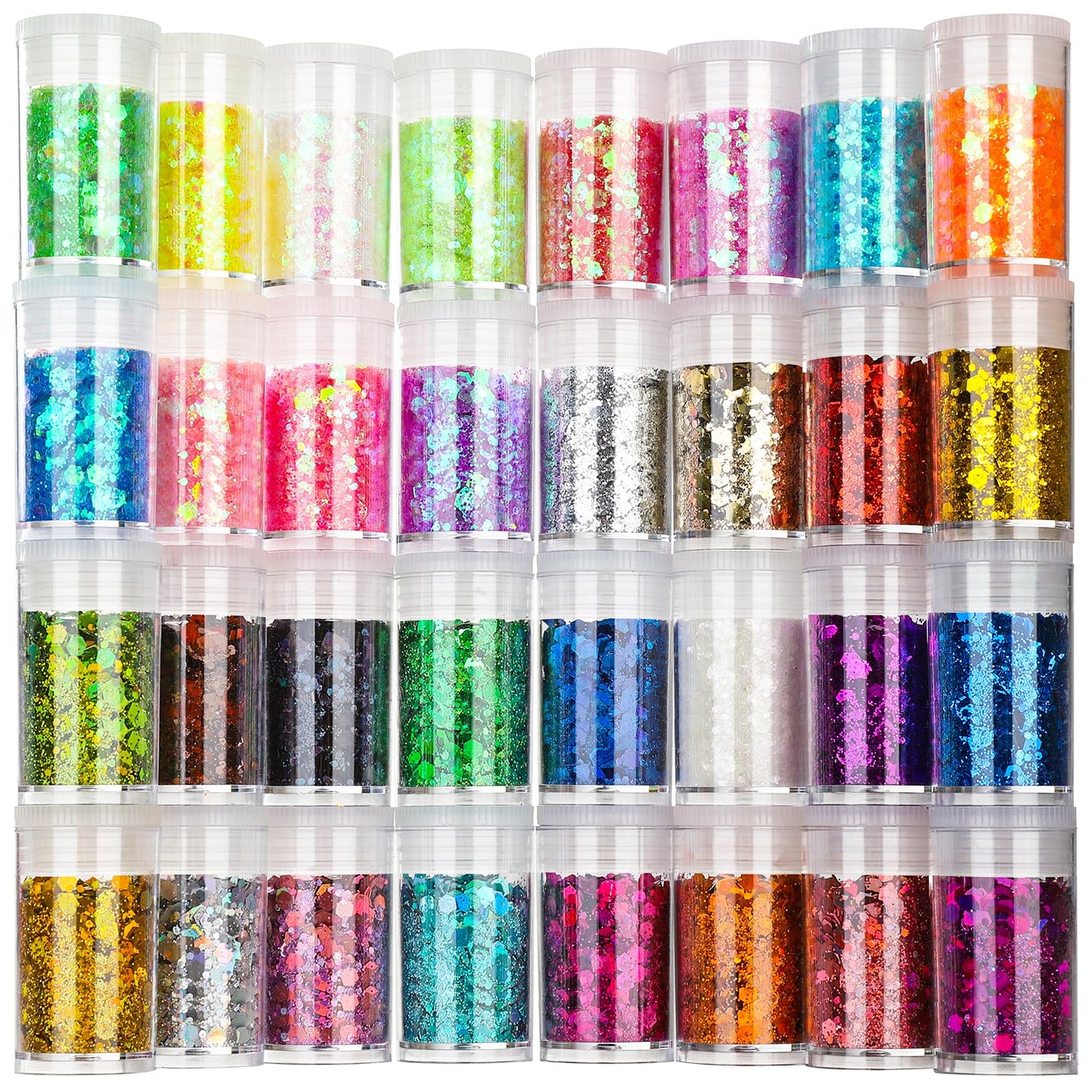 Festival Chunky and Fine Glitter Powder Mix, Teenitor 32 Colors Chunky Sequins, Iridescent Glitter Flakes, Cosmetic Face Body Eye Hair Nail Art Resin Tumbler Loose Glitter