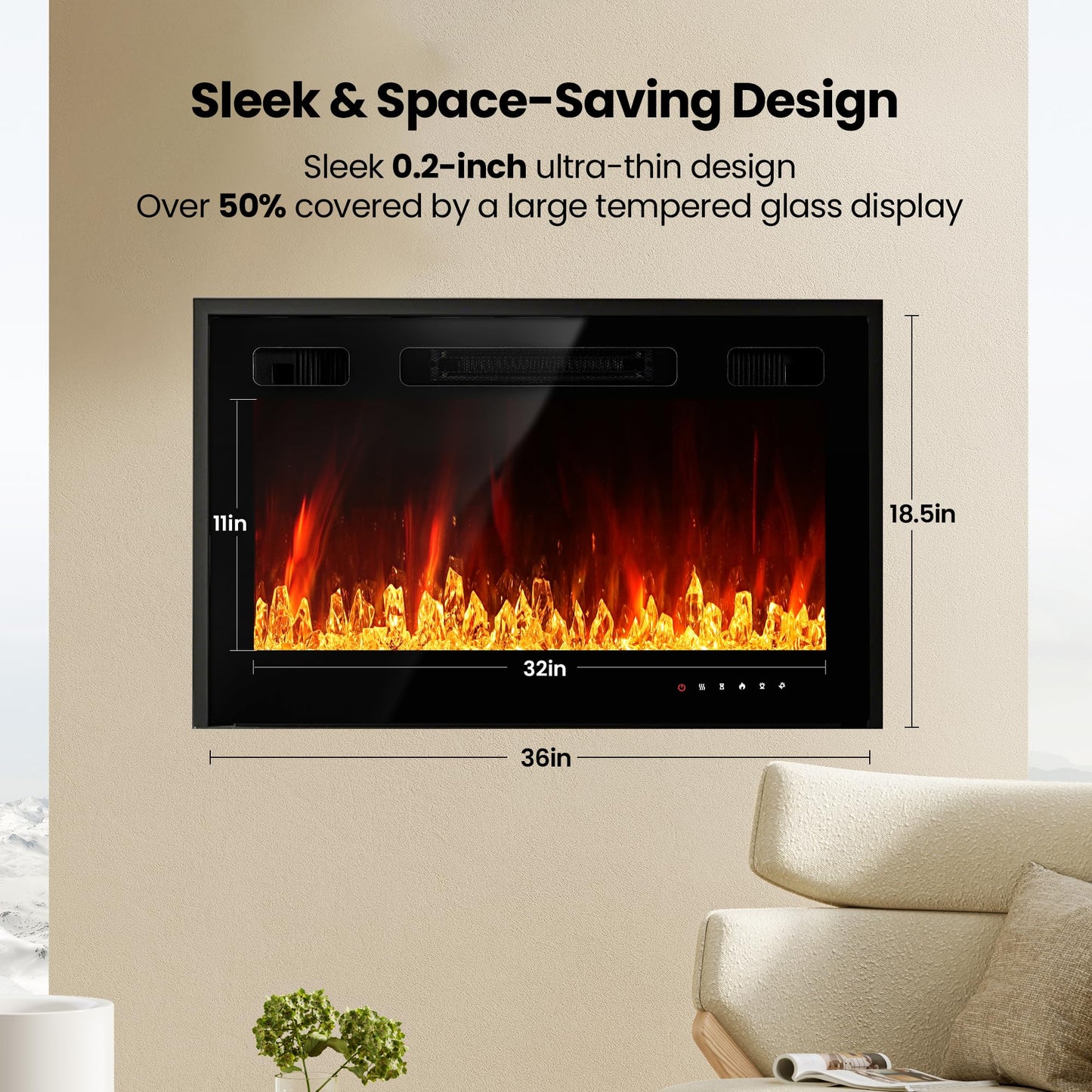 Electric Fireplace Insert 36" Realsmart 1500W Wall Mounted Fireplaces Recessed Heaters Remote Control Slim Black Fireplace Touch Screen Timer 12 Flame Colors LED Decor Low Noise