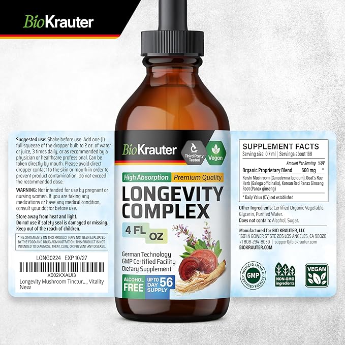 BIO KRAUTER Longevity Mushroom Supplement - Liquid Reishi Mushroom Complex with Goat’s Rue & Red Ginseng Root Extract - Vegan Tincture - Alcohol & Sugar Free Drops 4 Fl.Oz.