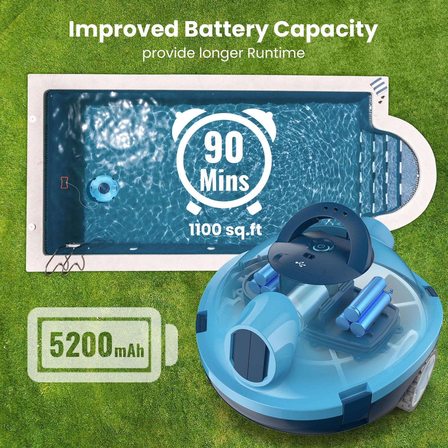 OUCAXIA Y10 Cordless Robotic Pool Cleaner Automatic Vacuum - 90 Mins Runtime, Powerful Suction, Self-Parking, Lightweight for Above/Inground Pools Up to 65ft/1100 Sq.Ft, Lakeblue
