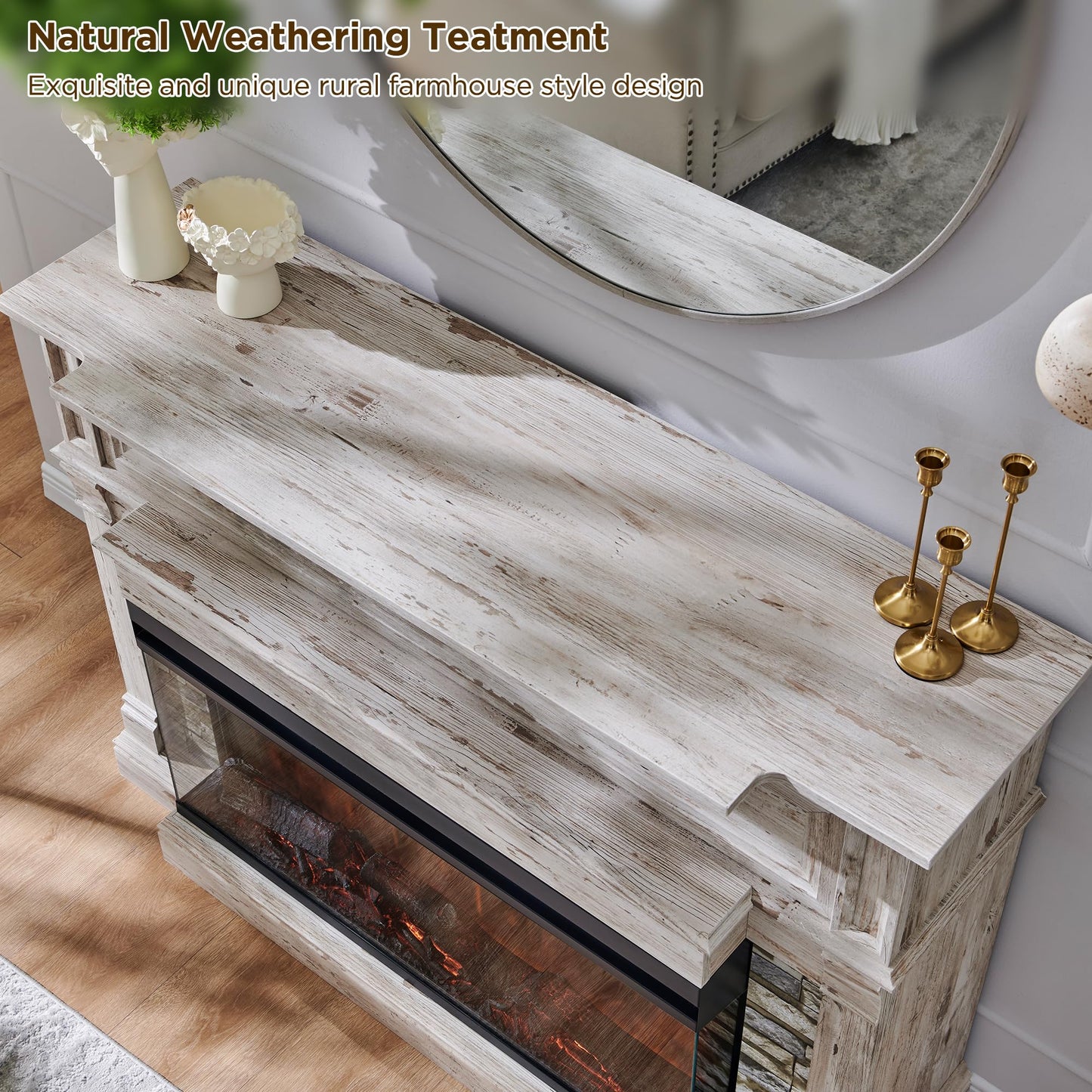 RedLemon Electric Fireplace with Mantel, 3-Sided Glass Farmhouse TV Stand with Fireplace for TVs up to 65", 52" Media Entertainment Center Console with Storage for Living Room, Antique Brush White