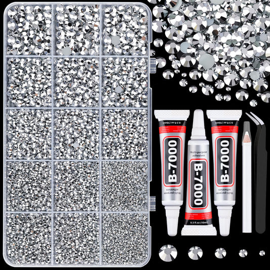 16000Pcs Resin Rhinestones with Tweezers for Crafting, Silver 2-6mm Mixed Sizes Bedazzling Crystal with 3Pcs 10ml B7000 Jewelry Glue for DIY Crafts Clothing Tumblers Shoes Fabric Nail Art