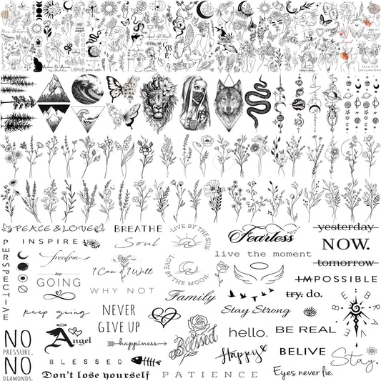 Shegazzi 61 Sheets Inspirational Words Letter Quotes Temporary Tattoos For Women Adult, Realistic Abstract Lavender Wild Flower Floral Bouquet Fake Tattoo Sticker, Mountain Snake Space Star Tatoos Set
