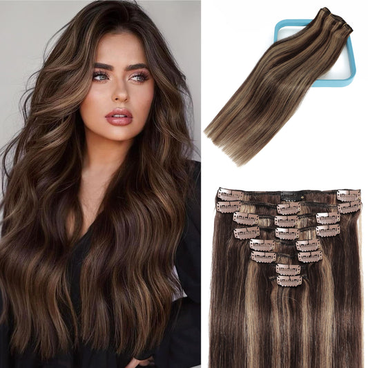 Lorien Clip In Hair Extensions Real Human Hair, 22 Inch 110G, 2/6 Dark Brown To Chestnut Brown, Clip In 100% Brazilian Remy Huma