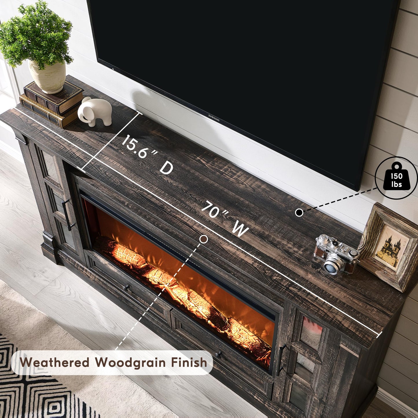 OKD TV Stand with Fireplace for up-to-80 TV, Farmhouse 72" Entertainment Center with 42" Electric Fireplace, TV Console with Glass Door Cabinets & Drawers for Living Room, Dark Rustic Oak