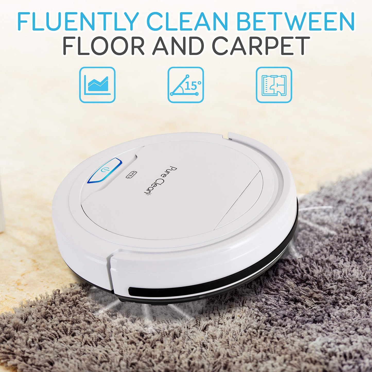 Pure Clean Robot Vacuum Cleaner - Upgraded Lithium Battery 90 Min Run Time - Automatic Bot Self Detects Stairs Pet Hair Allergies Friendly Robotic Home Cleaning for Carpet Hardwood Floor