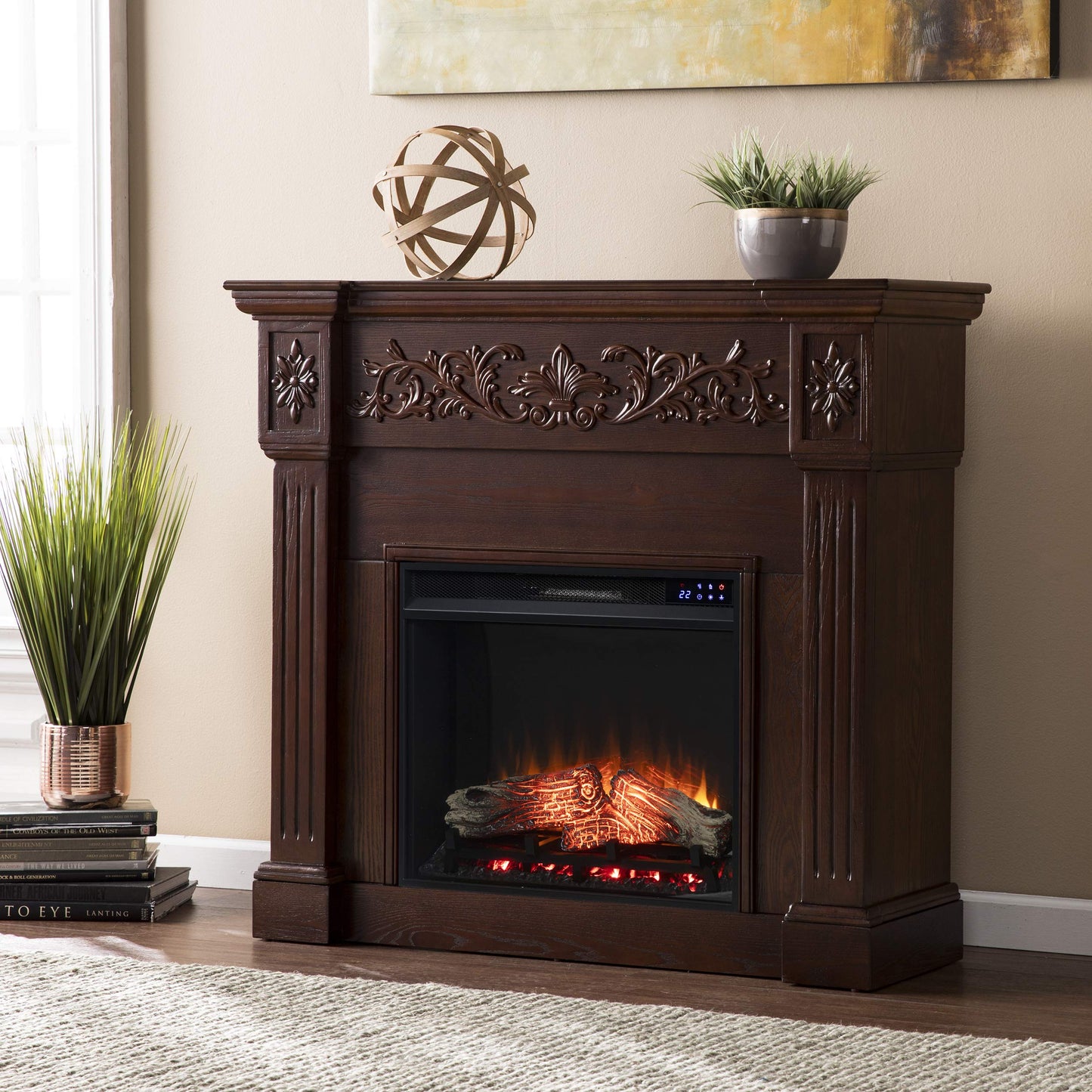 SEI Furniture Calvert Electric Fireplace with Carved Floral Trim, New Espresso
