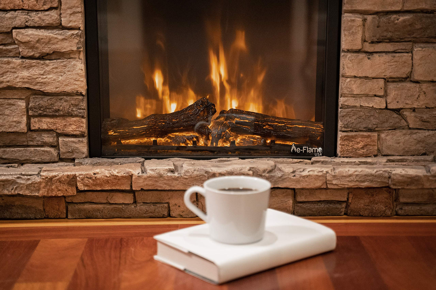 e-Flame USA Kodiak LED Electric Fireplace Stove - Faux Wood and Stone Mantel - Remote - 3D Log and Fire