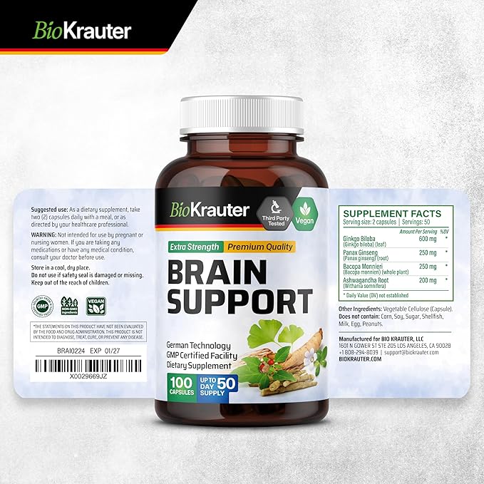 BIO KRAUTER Brain Support Supplement - 100 Count - 1300 mg Blend of Ashwagandha, Panax Ginseng and Ginkgo Biloba - Vegan, No Fillers