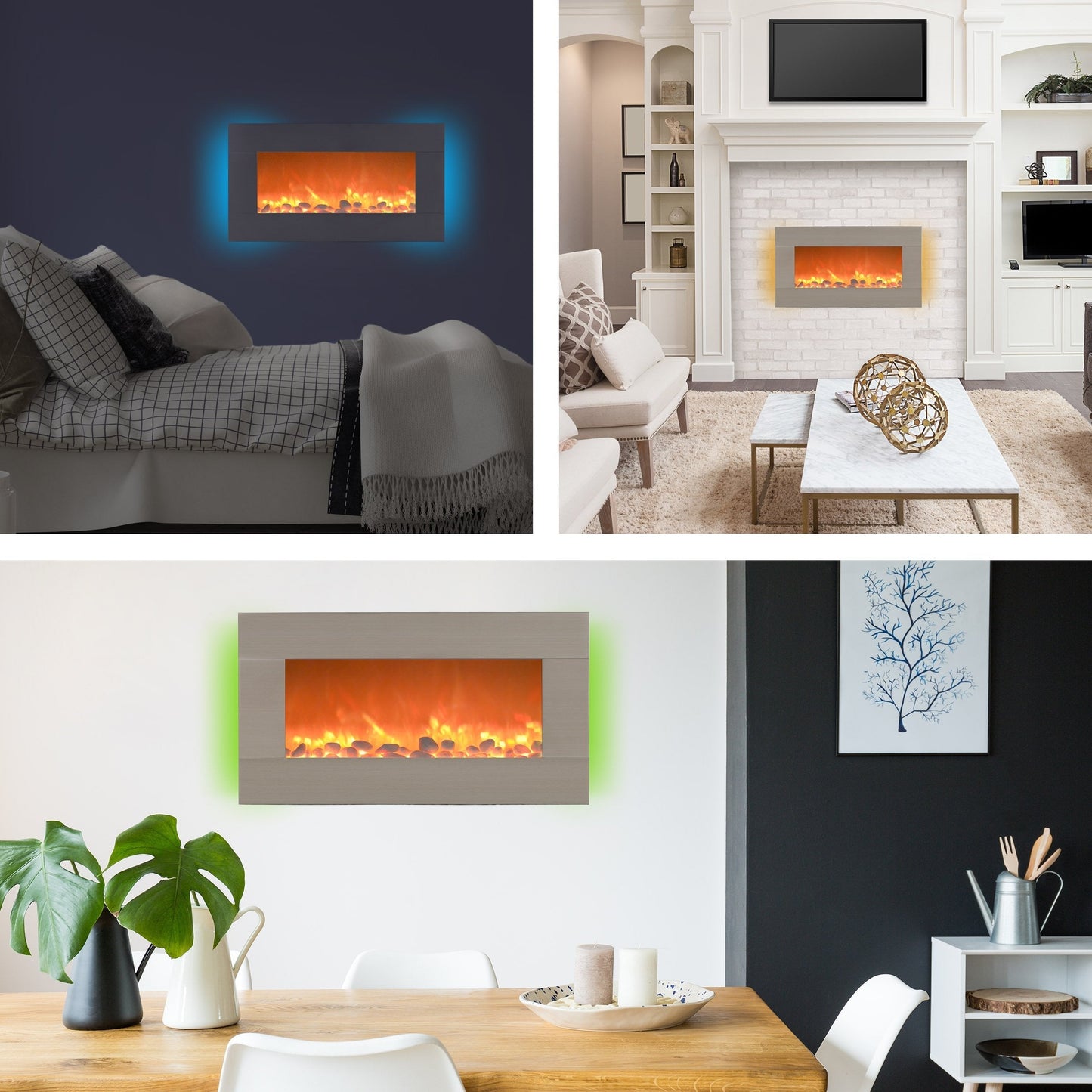 Electric Fireplace - 30 Inch Wall Mounted Fireplace - 13 Backlight Colors and Remote Controlled LED Flames, Heat, and Brightness by Northwest (Silver)