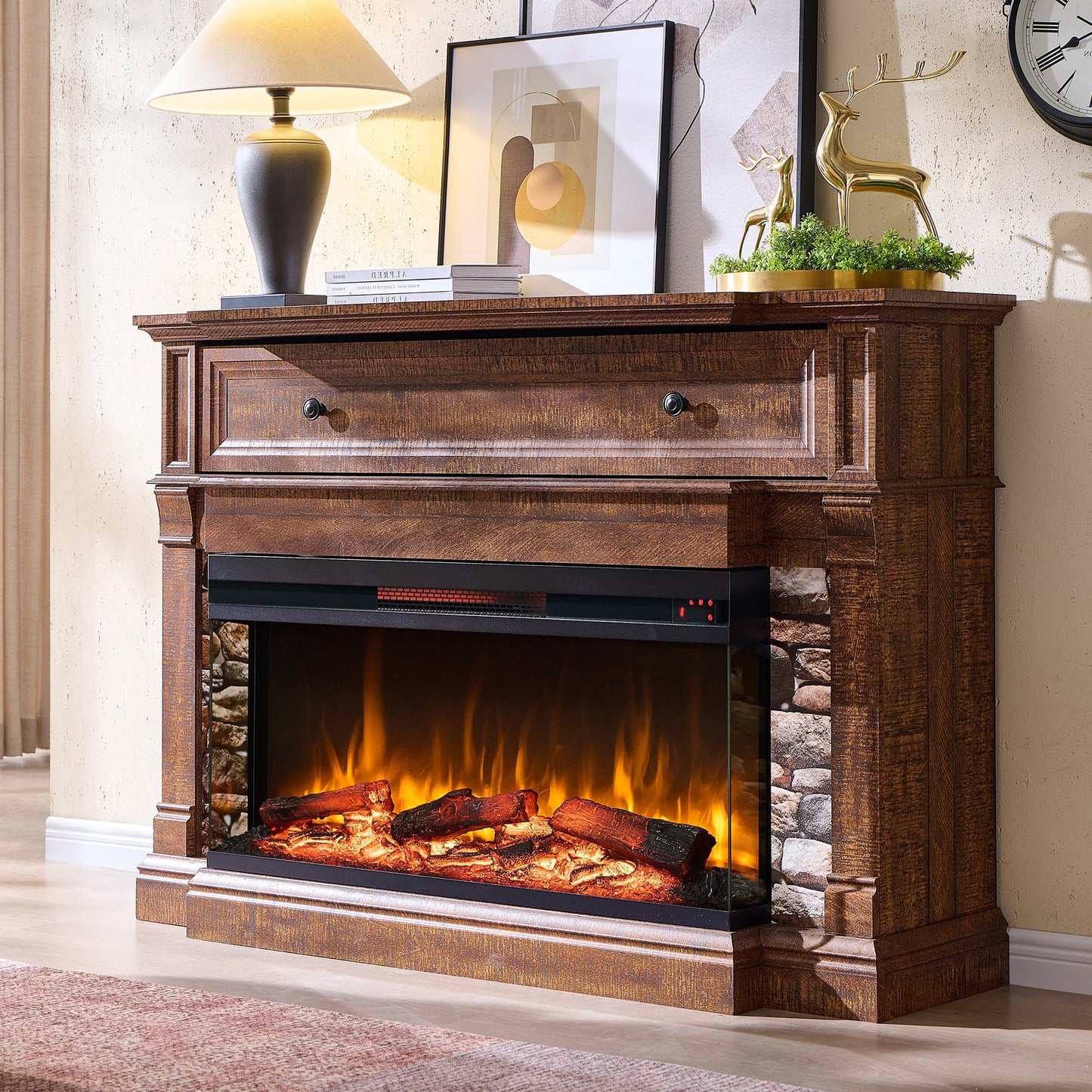 RedLemon 3-Sided Glass Fireplace TV Stand for TVs up to 65", 52" Electric Fireplace with Mantel, 36" Tall Highboy Farmhouse Entertainment Center with Storage for Living Room, Reclaimed Barnwood