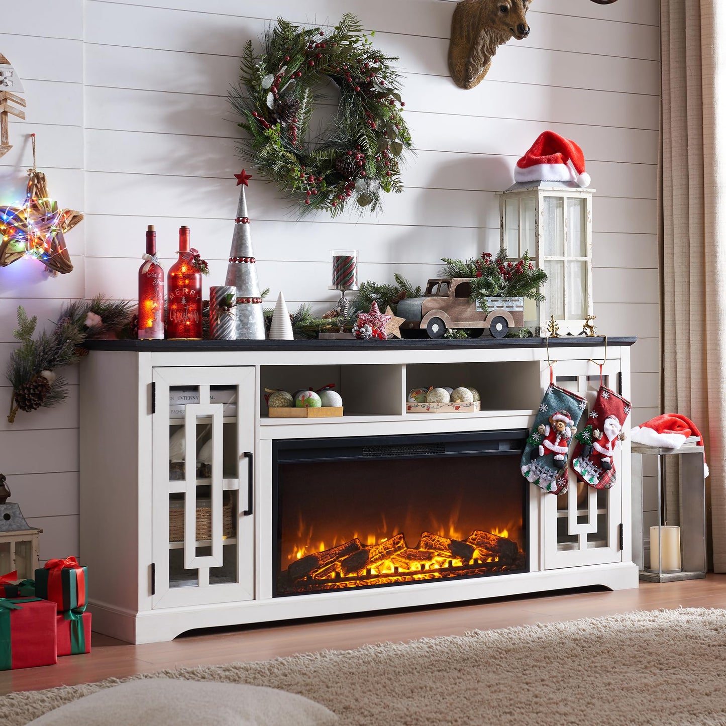 JXQTLINGMU Farmhouse Fireplace TV Stand with 36" Electric Fireplace for 80 Inch TV, 32" Tall Entertainment Center, Modern Media Console, 6 Shelves Storage Cabinet for Living Room, Distressed White