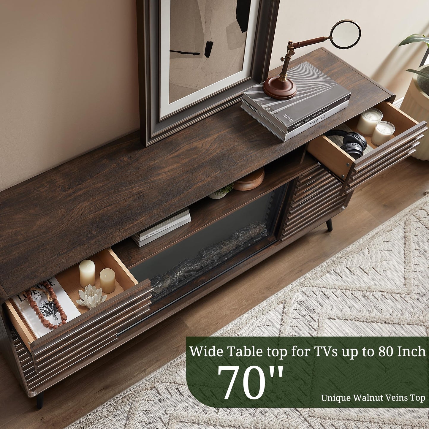 RedLemon Fireplace TV Stand for 80 Inch TV, Mid Century Modern Entertainment Center with 36" Electric Fireplace & Led Lights, Wood Media Console w/Slatted Sliding Doors for Living Room, Dark Walnut