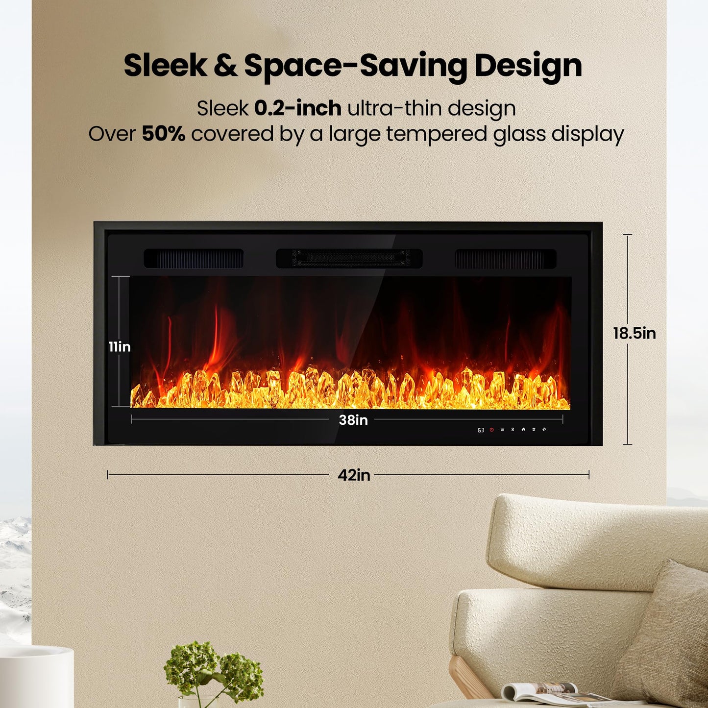 Electric Fireplace Inserts 42 Inch Wide, RealSmart Wall Mounted Fireplace 750W/1500W in-Wall Recessed Heaters with Remote Control, Timer, 12 Adjustable Color Flame & Brightness, Touch Screen