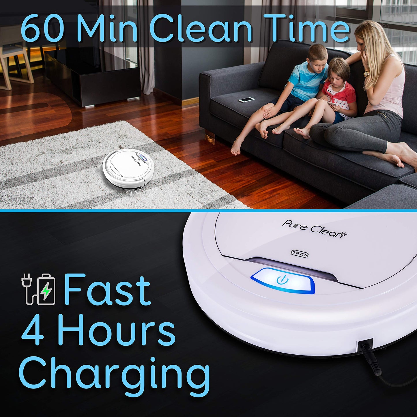 Pure Clean Robot Vacuum Cleaner - Upgraded Lithium Battery 90 Min Run Time - Automatic Bot Self Detects Stairs Pet Hair Allergies Friendly Robotic Home Cleaning for Carpet Hardwood Floor