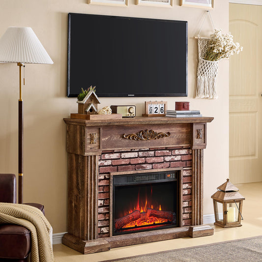 43" Electric Fireplace with Mantel, Electric Fireplace Heater, TV Stand w/Freestanding Electric Fireplaces, Stacked Stone Surround, Remote Control, Adjustable Flame Level for Living Room (Light Brown)
