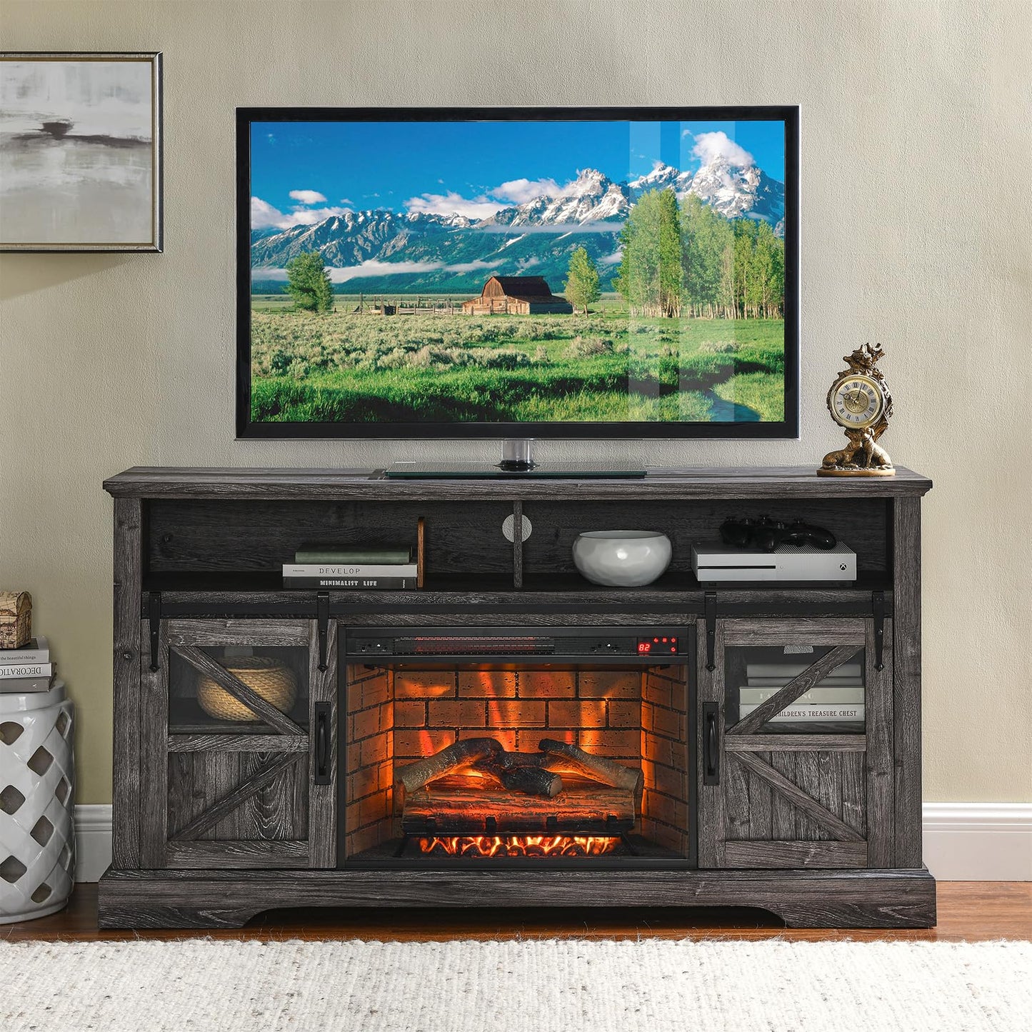 LAYIQDC Electric Fireplace with TV Stand,60" Traditional Farmhouse Style Electric Hearth,TV Stand and Console Combination, with 5118 BTU Heat Output, CSA/UL Certified 1500W (Dark Grey)