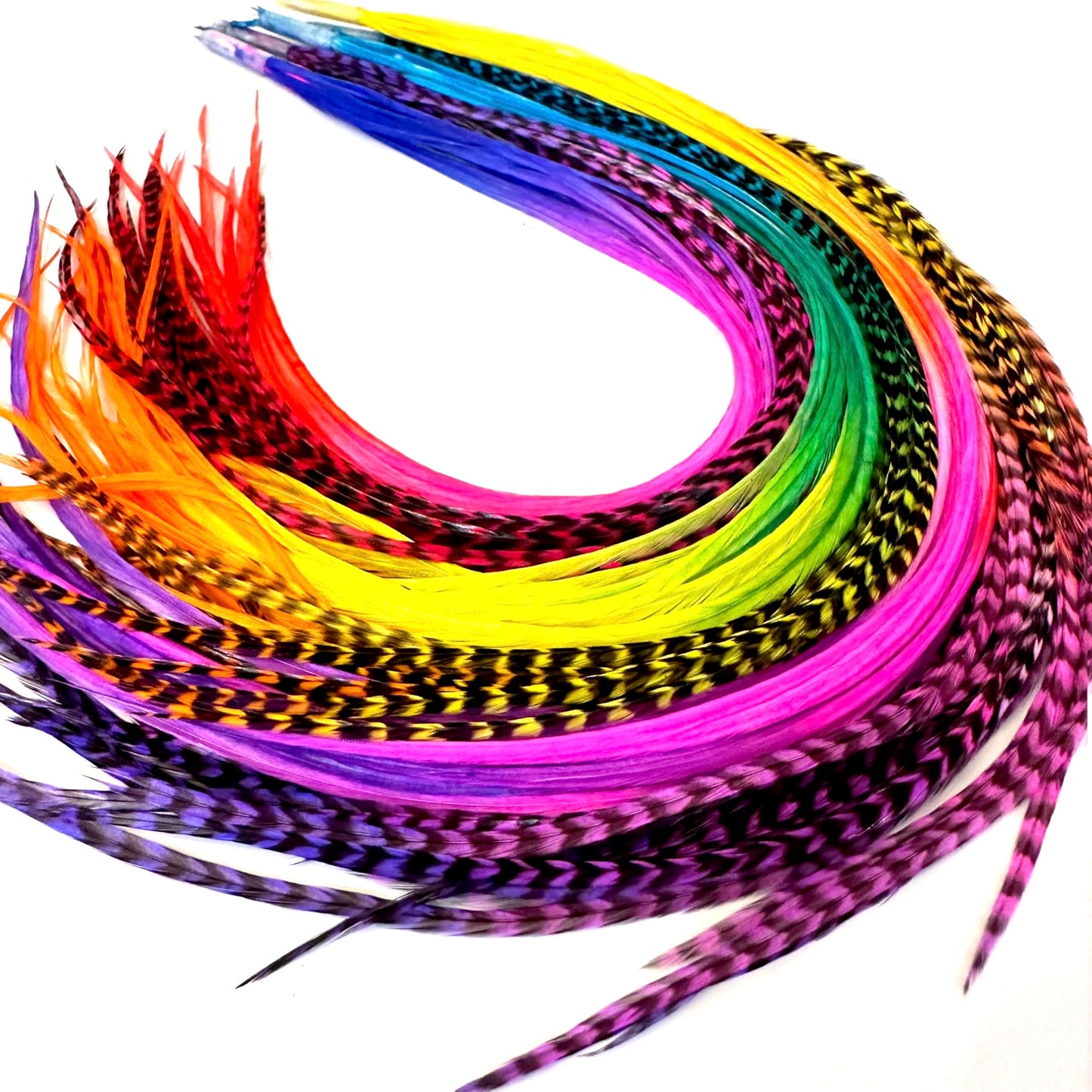 21 Rainbow Tie Dye Color Hair Feathers - 9”- 14” Long - Feathers for Hair Extension, Hair Extension DIY Kit - Eye-Catching Design - 20 Micro-link Beads - 100% Real Rooster Feathers
