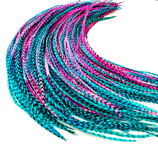 21 Hot Pink & Turquoise Grizzly Color Hair Feathers - 7”- 12” Long - Feathers for Hair Extension, Rooster Feathers DIY Kit - Eye-Catching Design - 10 Micro-link Beads - 100% Real Rooster Feathers