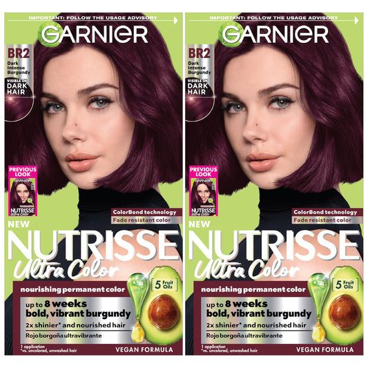 Garnier Hair Color Nutrisse Ultra Color Nourishing Creme, BR2 Dark Intense Burgundy (Passion Fruit) Red Permanent Hair Dye, 2 Count (Packaging May Vary)