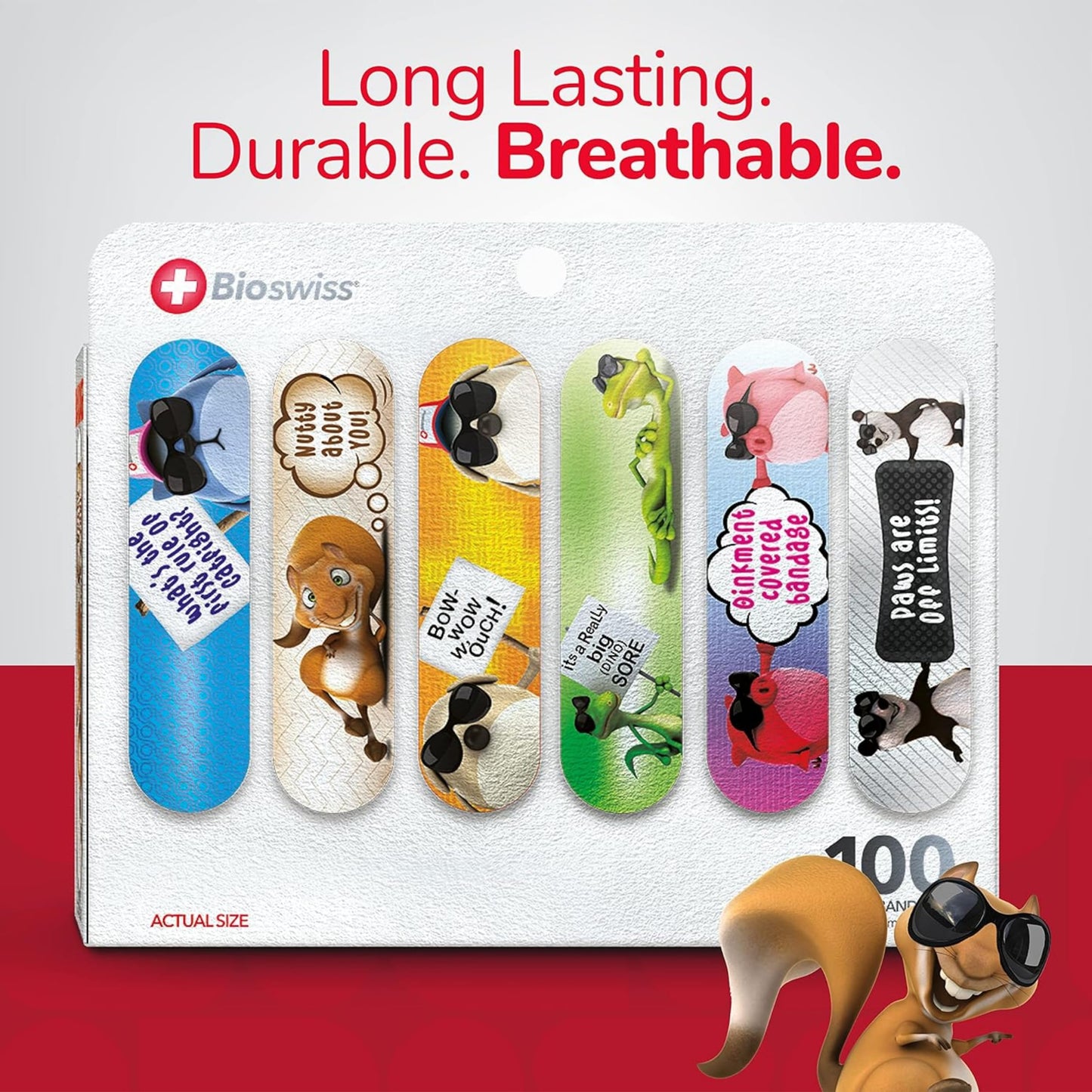 BioSwiss Bandages, Assorted Animal Shaped Variety Self Adhesive Bandage, Latex Free Sterile Wound Care for Kids and Adults, 100 Count