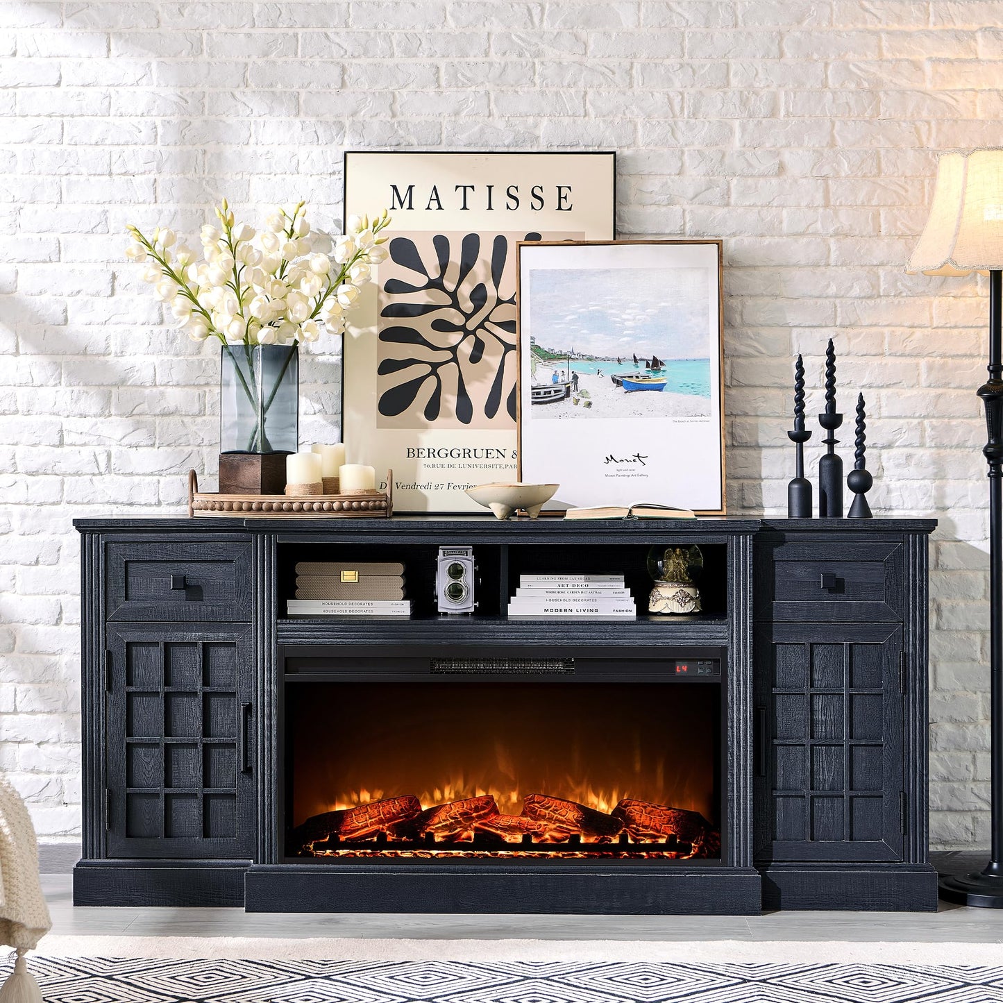 JXQTLINGMU TV Stand with Fireplace for up-to-80 TV, Farmhouse 70" Entertainment Center with 36" Electric Fireplace, TV Console with Grid-Door Cabinets & Drawers for Living Room, Black