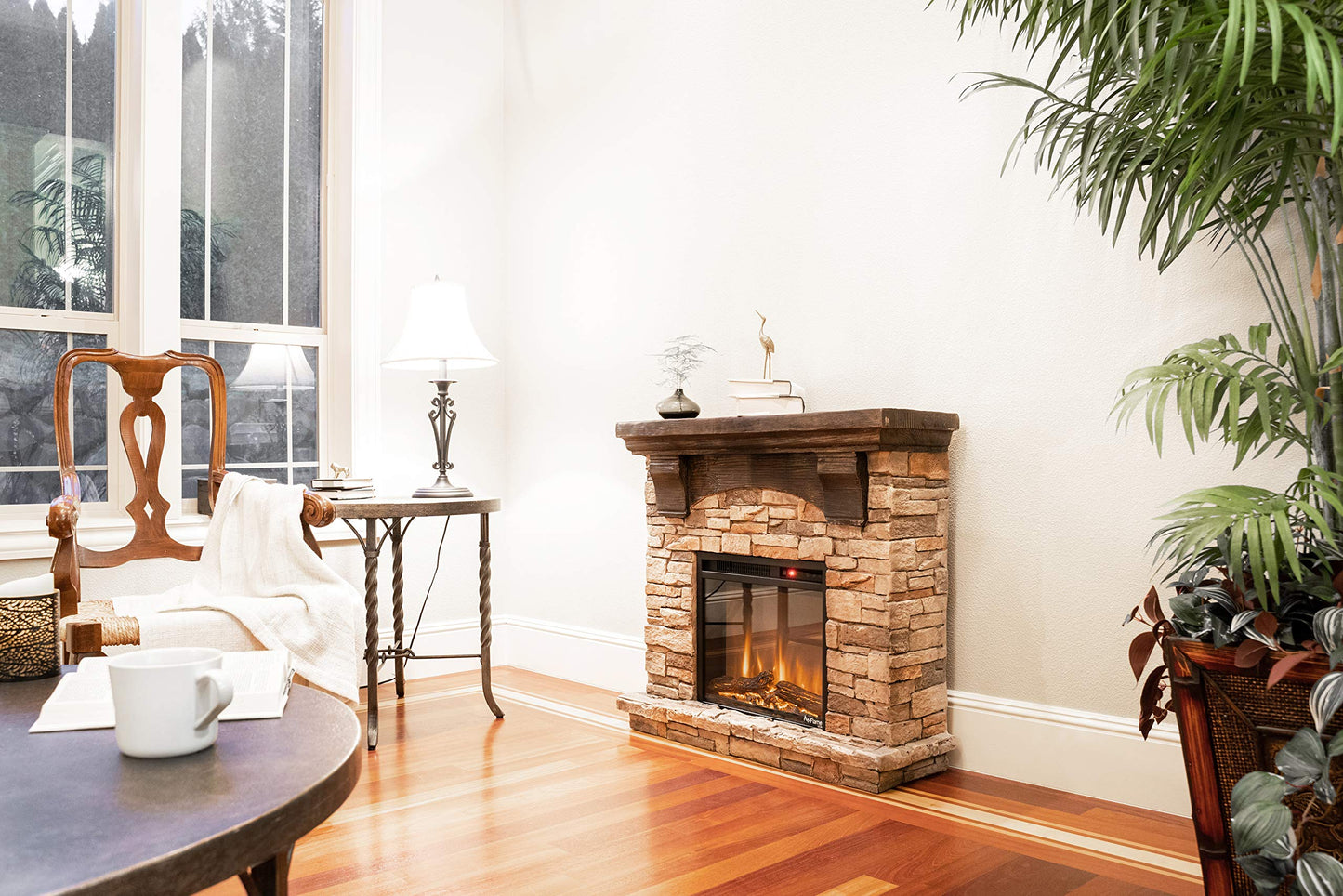 e-Flame USA Kodiak LED Electric Fireplace Stove - Faux Wood and Stone Mantel - Remote - 3D Log and Fire