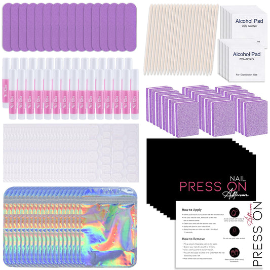 50 Set Press On Nail Tool Prep Kit for Salon Business, Disposable Manicure Kit with Nail File, Buffer, Glue, Prep Pad, Instruction Card, Adhesive Tabs, Wood Stick, Purple Packaging Bag