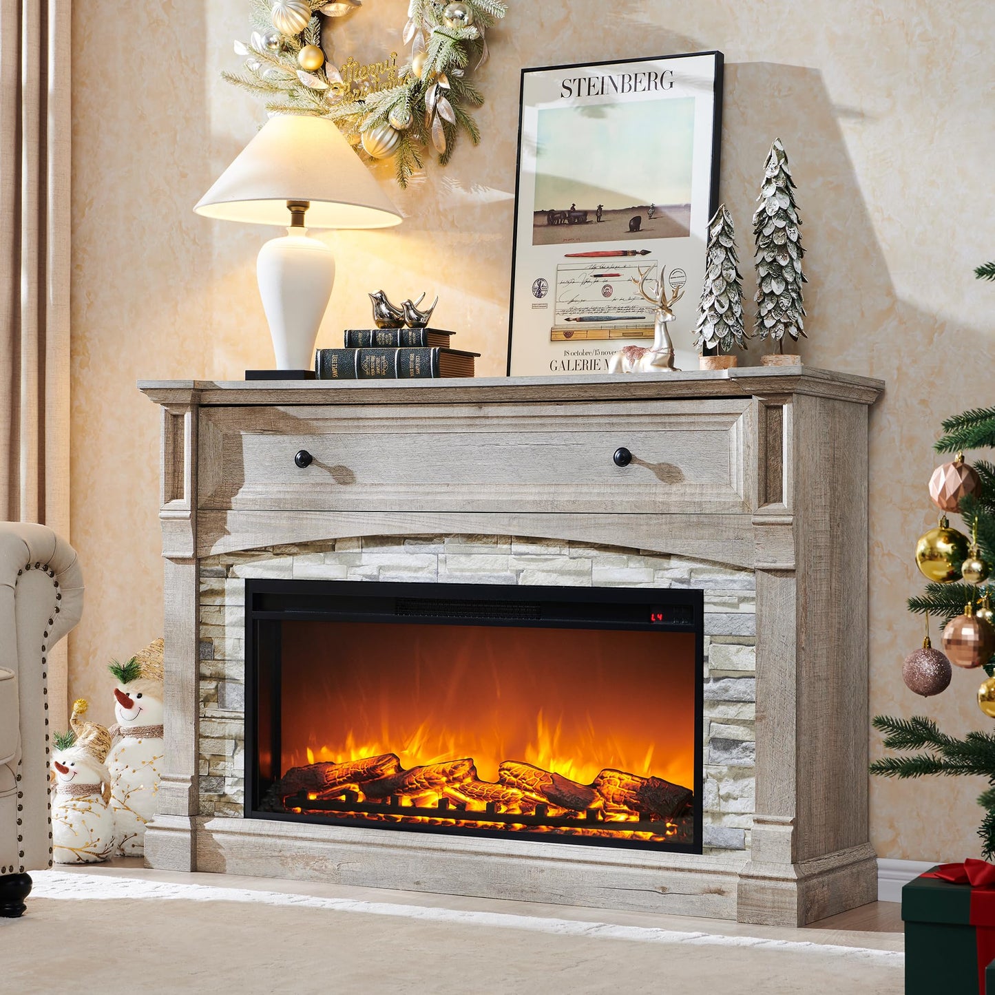 RedLemon 52'' Electric Fireplace with Mantel, Farmhouse Entertainment Center w/36 Electric Fireplace & Sime-Open Cubby for Living Room, Light Rustic Oak