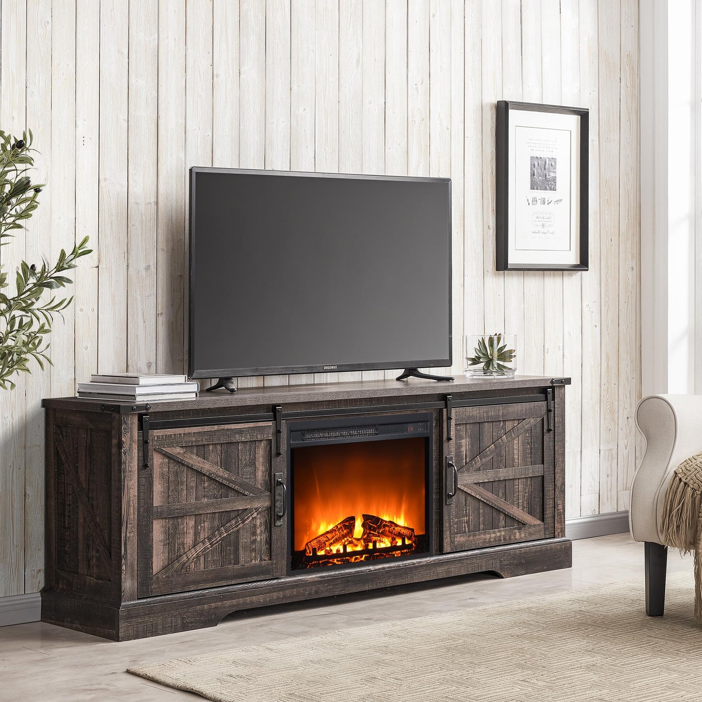 OKD Fireplace TV Stand for 70 75 Inch TV, 66 Inch Farmhouse Entertainment Center with 23" Electric Fireplace, Remote Control, Large Rustic Media Console Cabinet with Sliding Barn Door, Dark Rustic Oak
