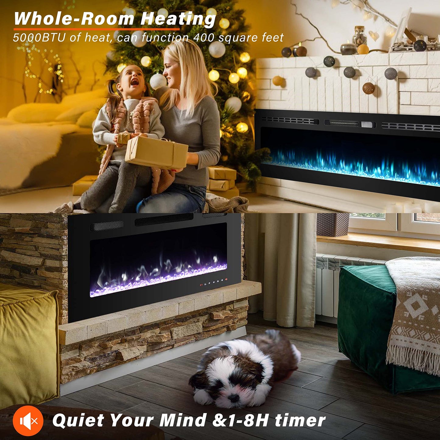 100 inch Electric Fireplace Insert, Wall Mounted, 12 Flame Colors, Remote Control, Timer