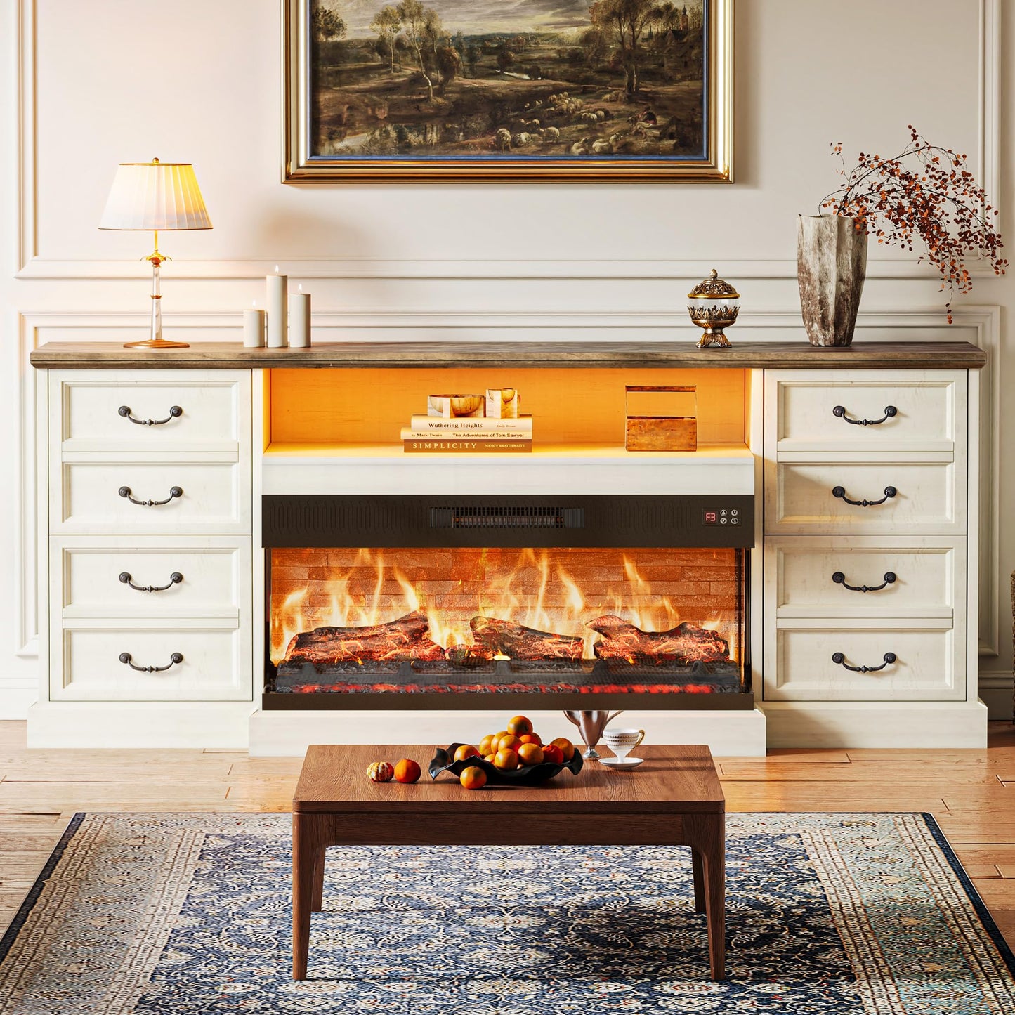 Huuger Fireplace TV Stand with LED Lights for 75 Inch TV, 3-Side Glass Fireplace Entertainment Center, 70 Inch Farmhouse Television Stands Stand with 4 Deep Drawers for Living Room, Distressed White