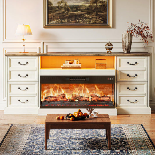 Huuger Fireplace TV Stand with LED Lights for 75 Inch TV, 3-Side Glass Fireplace Entertainment Center, 70 Inch Farmhouse Television Stands Stand with 4 Deep Drawers for Living Room, Distressed White