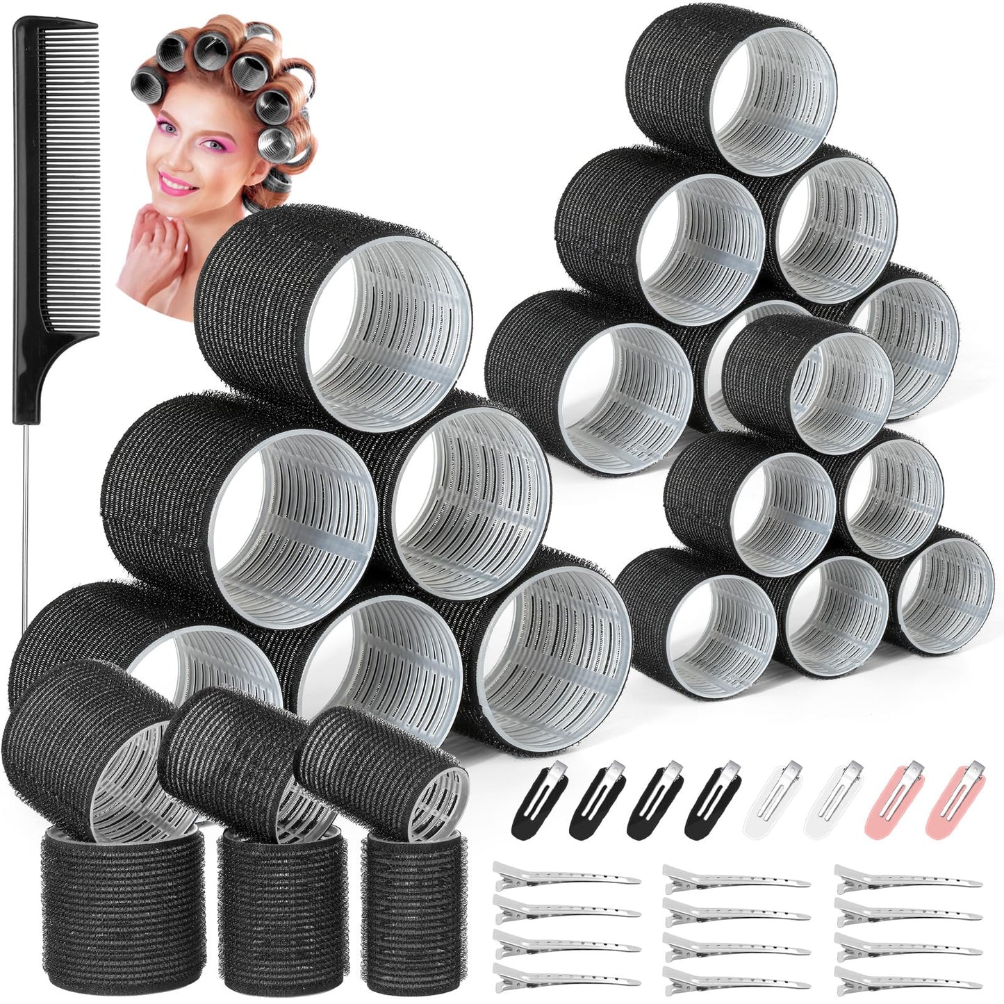 39PCS Self Grip Hair Rollers Curlers 3 Sizes Black Hair Roller 2.5in, 1.9in, 1.4in, Jumbo Curlers Roller with 12PCS Duckbill Clips Hair Rollers for Long Medium Short Thick Fine Volume Bangs