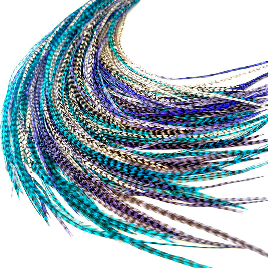 50 Purple, White & Turquoise Grizzly Color Hair Feathers - 9”- 14” Long - Feathers for Hair Extension, Rooster Feathers DIY Kit - Eye-Catching Design - 50 Micro-link Beads - 100% Real Rooster Feathers