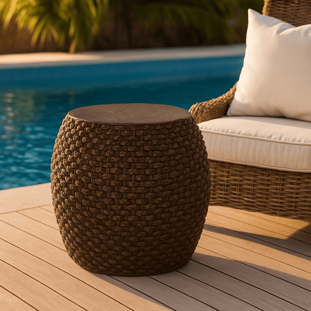 Homy Casa Faux Rattan Side Table for Poolside Lounge or Patio Balcony Relaxation, Brown