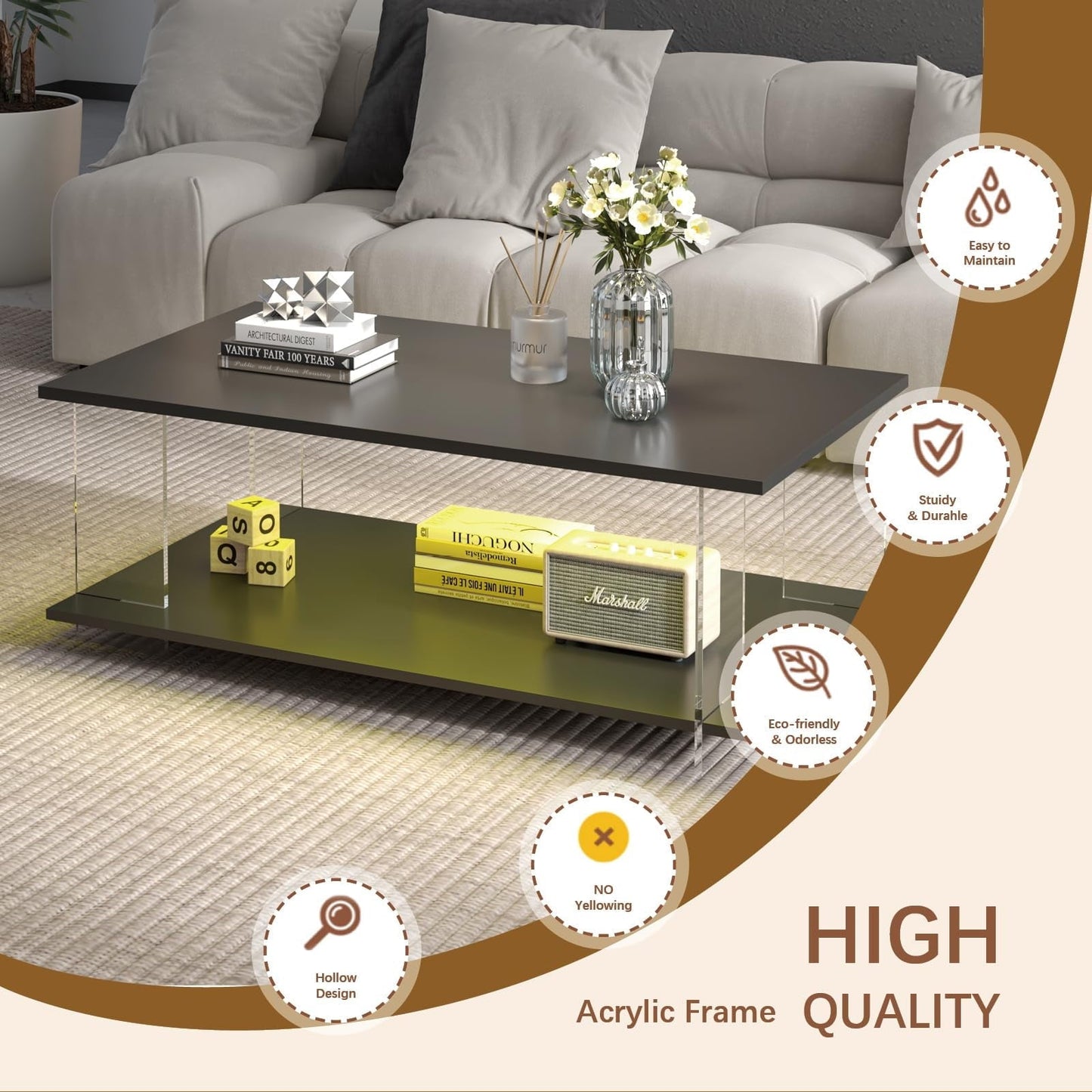 Hironpal 43" Acrylic Coffee Table with Black Wood Top, Minimalist Stylish Modern Rectangular Center Tables for Living Room, Led Living Room Table with Storage Shelf & Acrylic Frame for Small Space