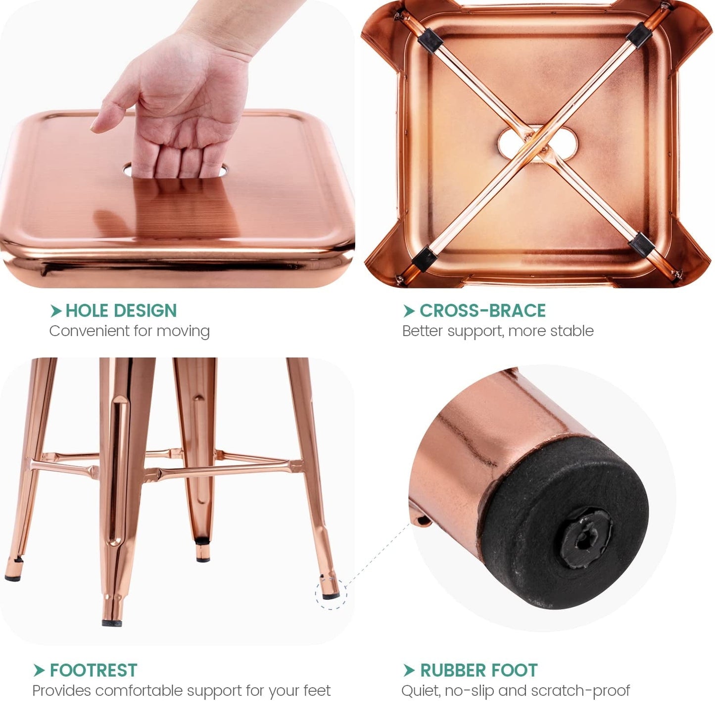 24 Inch Metal Bar Stools Set of 2, Stackable Backless Industrial Stools for Indoor Outdoor Kitchen Dining Patio Garden Classroom (Rose Gold)