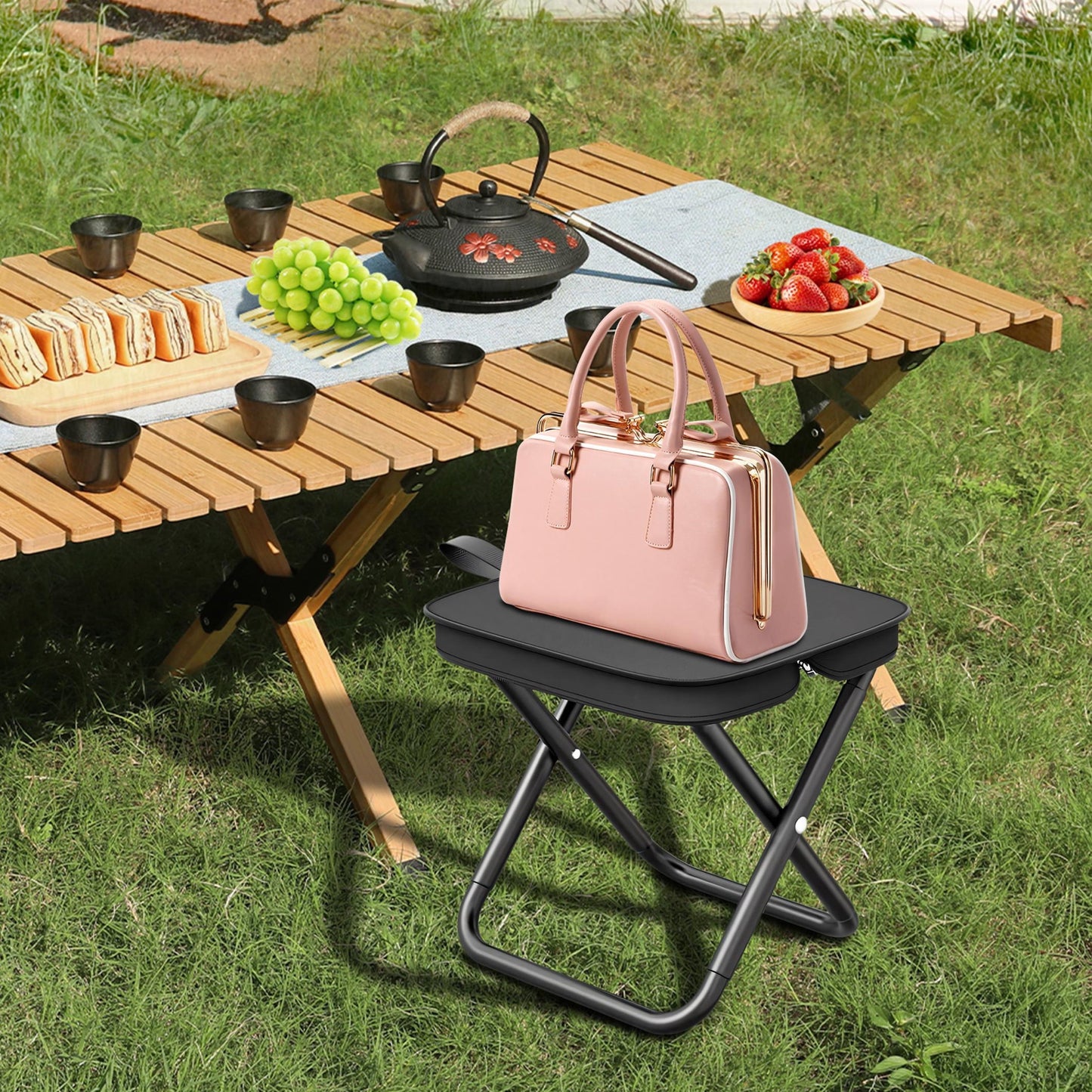 2 Pack Camping Stool, Portable Folding Stool with Carry Bag, 11 Inch Small Folding Stool for Adults, Collapsible Camp Stool Outdoor Footstool for Travel Walking Hiking Fishing Picnic BBQ - Black