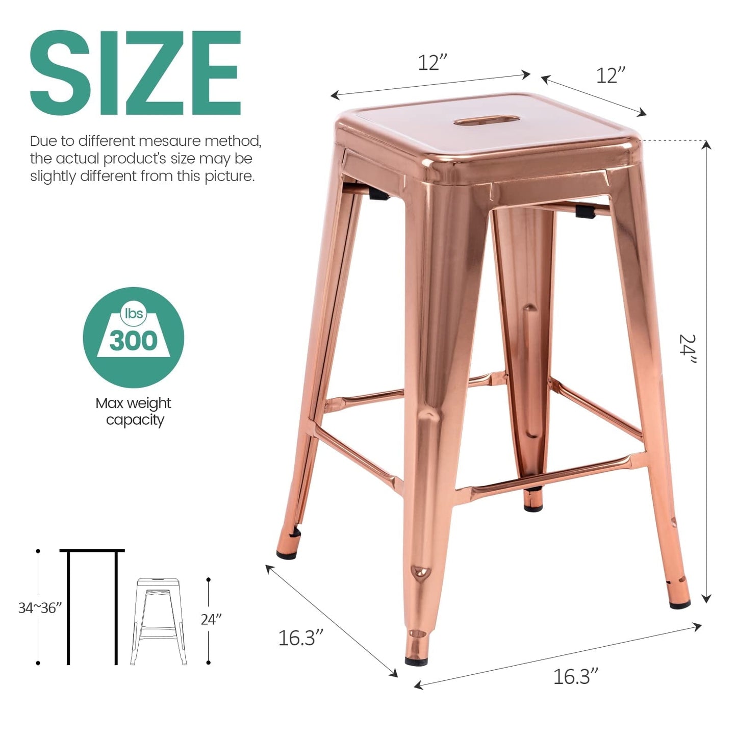 24 Inch Metal Bar Stools Set of 2, Stackable Backless Industrial Stools for Indoor Outdoor Kitchen Dining Patio Garden Classroom (Rose Gold)